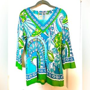 🎀HP 2X🎀 BARBARA GERWIT (NWT, Size XL) Tunic in Blues, Green & Yellow